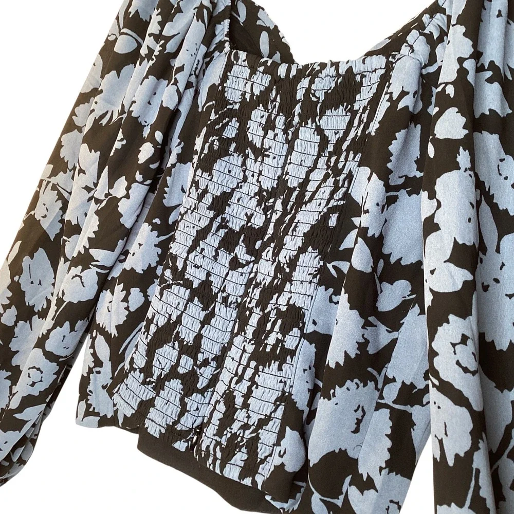 Abercrombie & Fitch Blue Black Floral Puff Sleeve Smocked Crop Top Medium New
